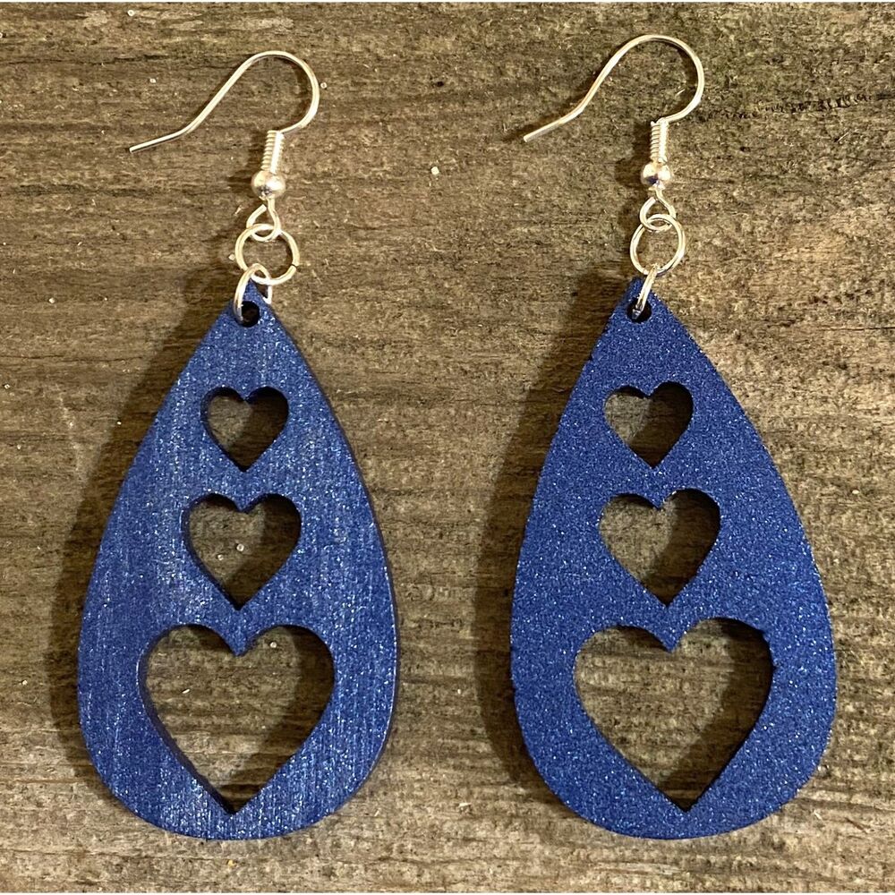 Wood Earrings - 2" x 1.14" Triple Heart Teardrop - Blue Metallic - E008-03